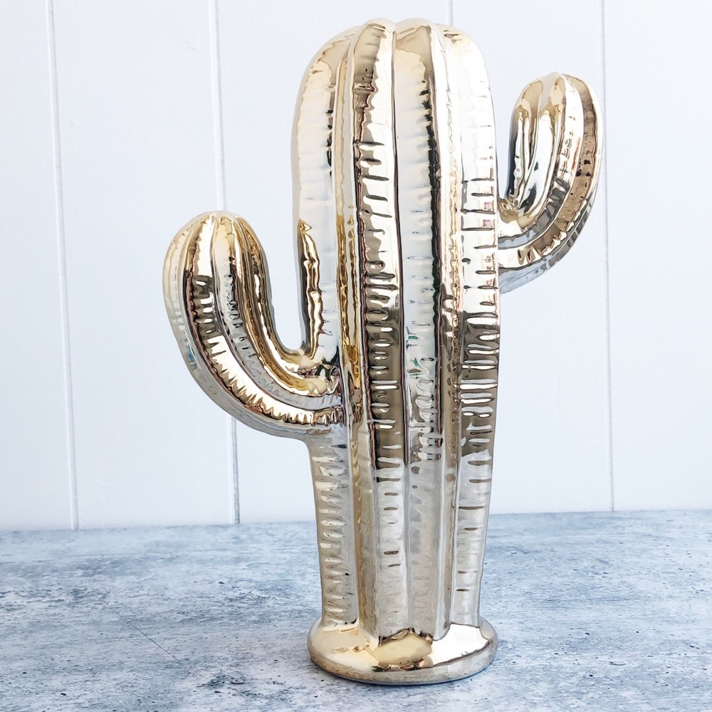 Metallic Gold Cactus Figurine Desk Table Decor